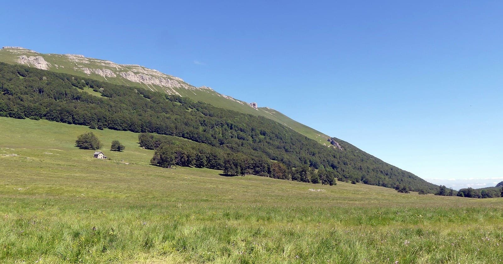 The wide mountain pasture of the Ambel plateau under a blue sky, with an isolated farm at the foot of a wooded ridge.