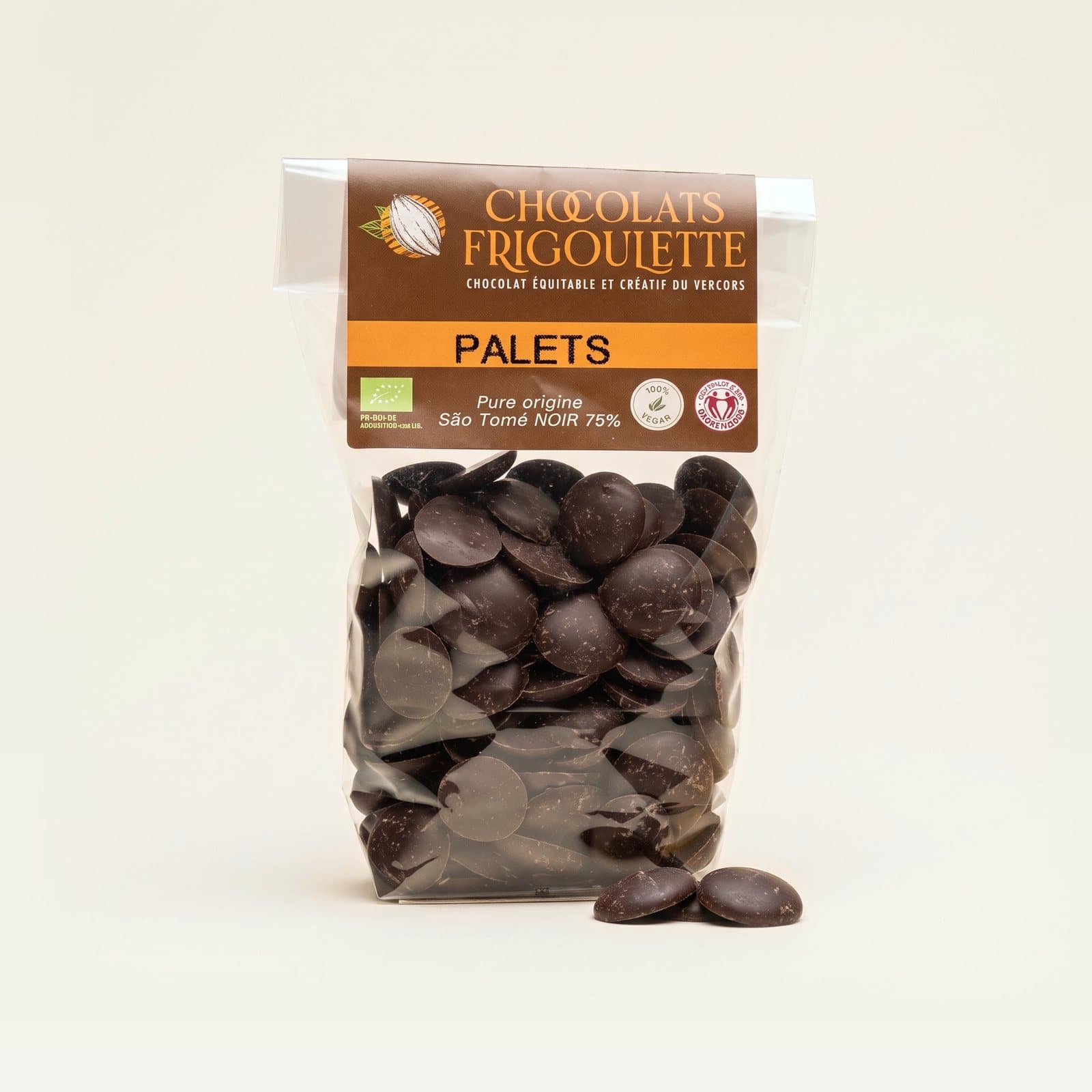 Palets de chocolat noir, chocolats Frigoulette