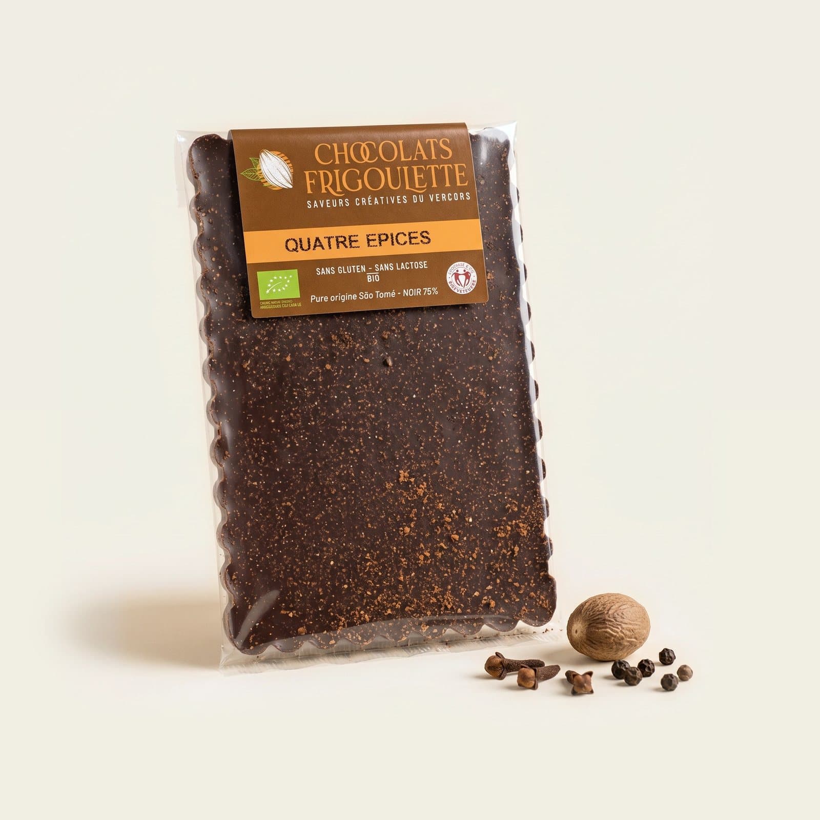 Tablette de chocolat noir aux quatre épices, chocolats Frigoulette