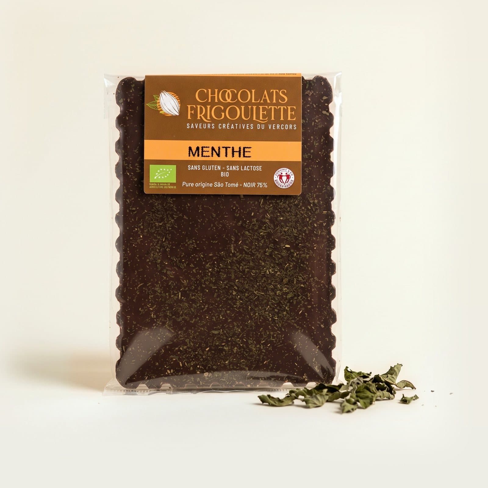 Tablette de chocolat noir Menthe, chocolats Frigoulette