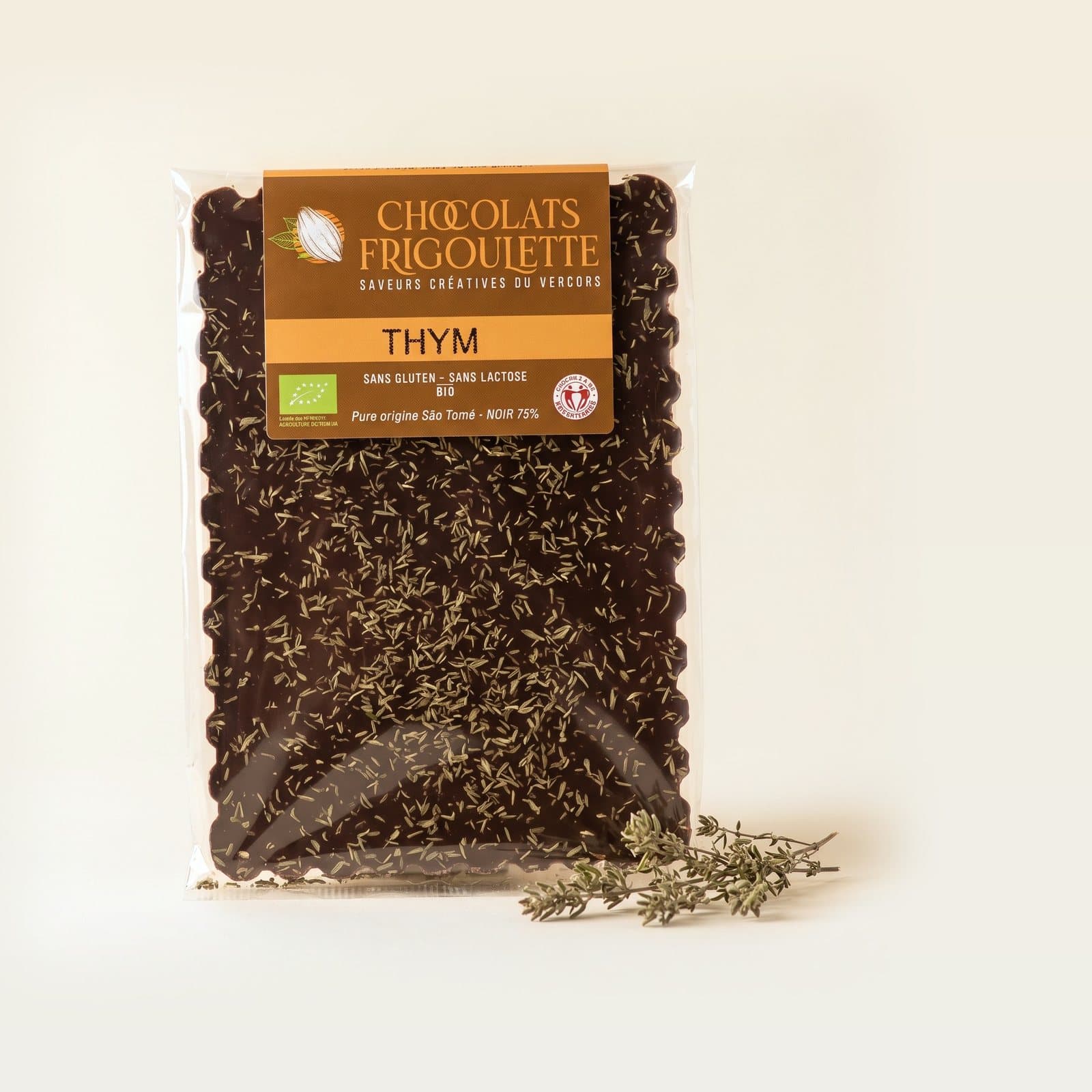 Tablette de chocolat noir au thym, chocolats Frigoulette