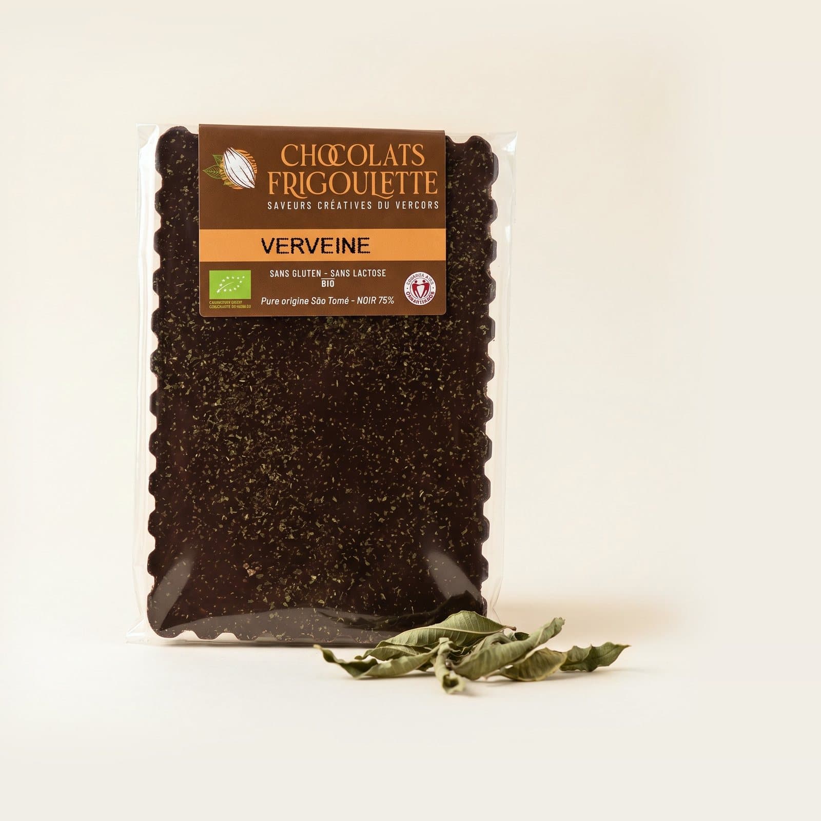 Tablette de chocolat noir Verveine, chocolats Frigoulette