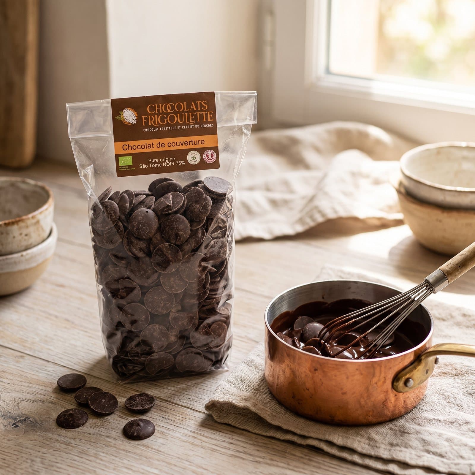 Chocolat noir pour patisserie - 1kg Frigoulette, mis en scène