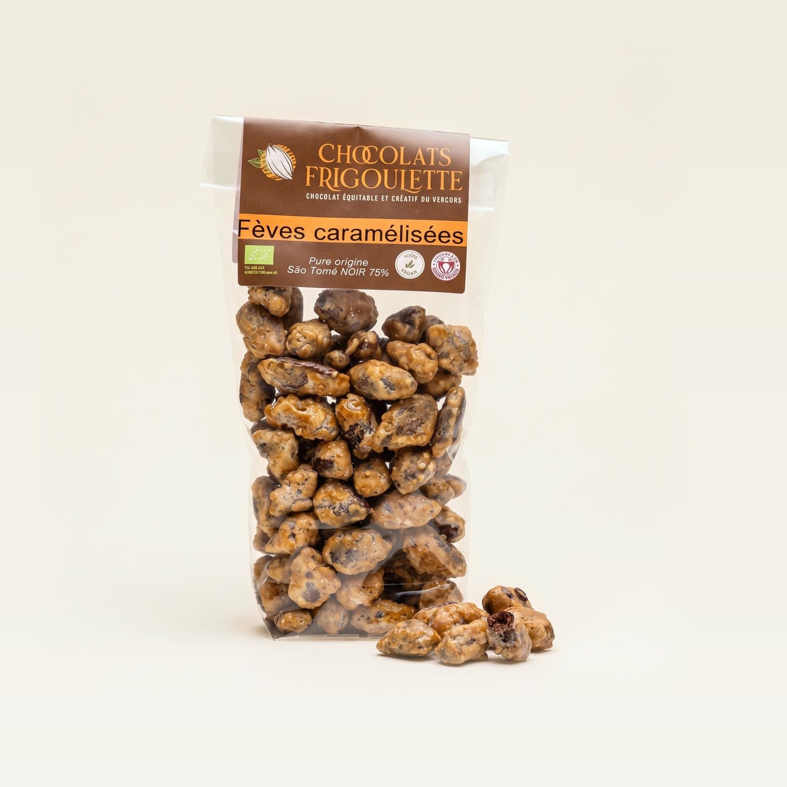 Fèves de cacao caramélisées, chocolats Frigoulette