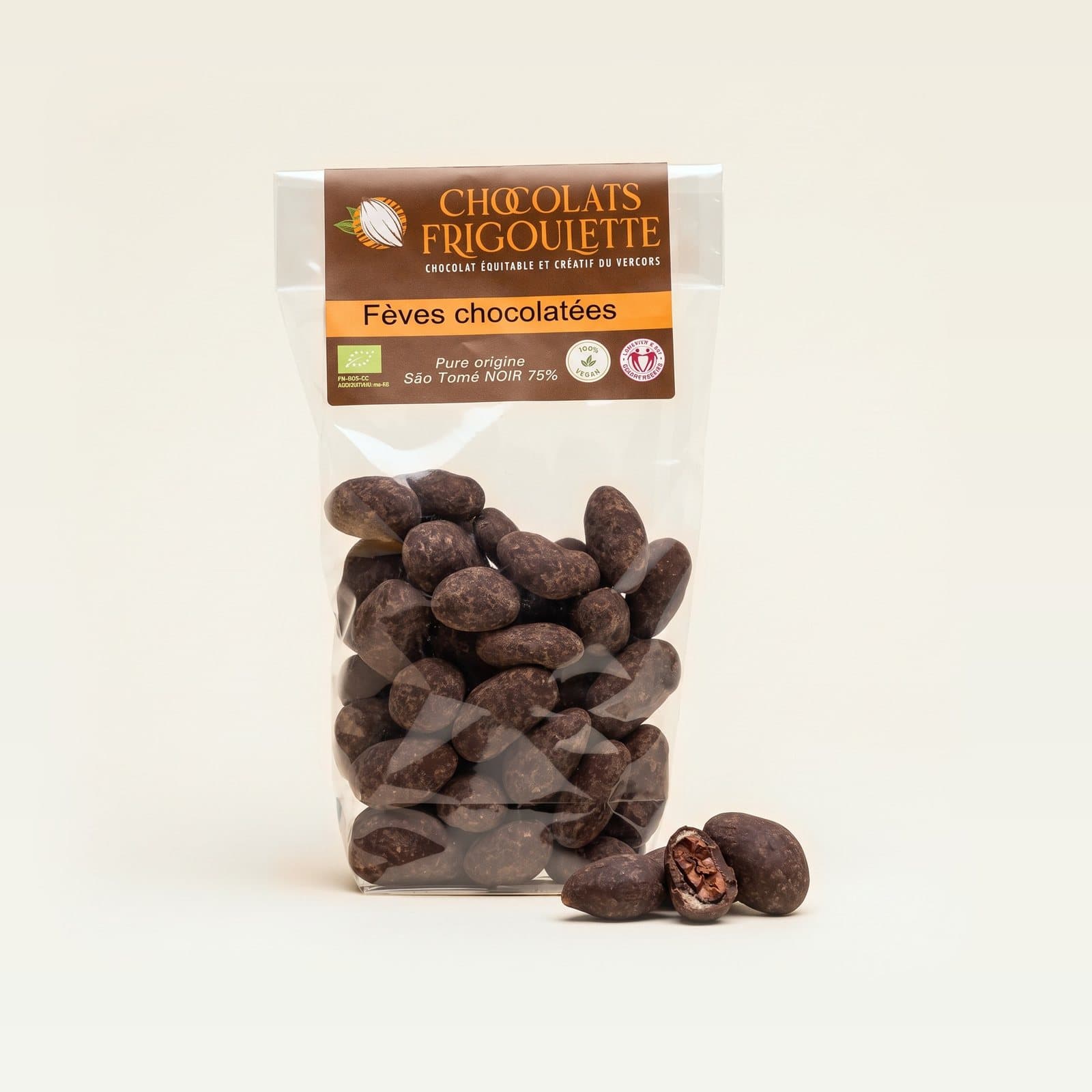 Fèves de cacao chocolatées, chocolats Frigoulette