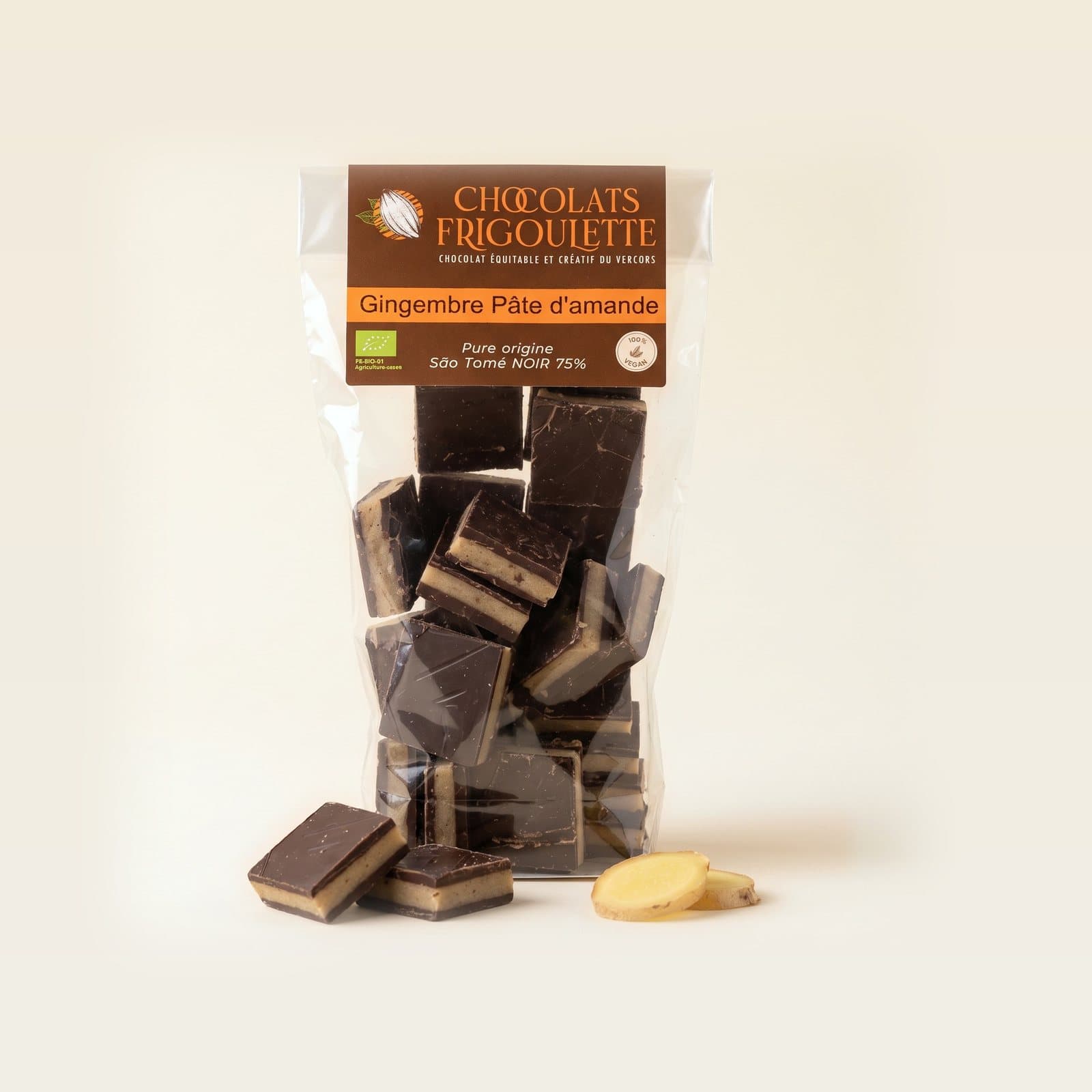 Fourré Pâte d’Amande & Gingembre - NON VEGAN, chocolats Frigoulette