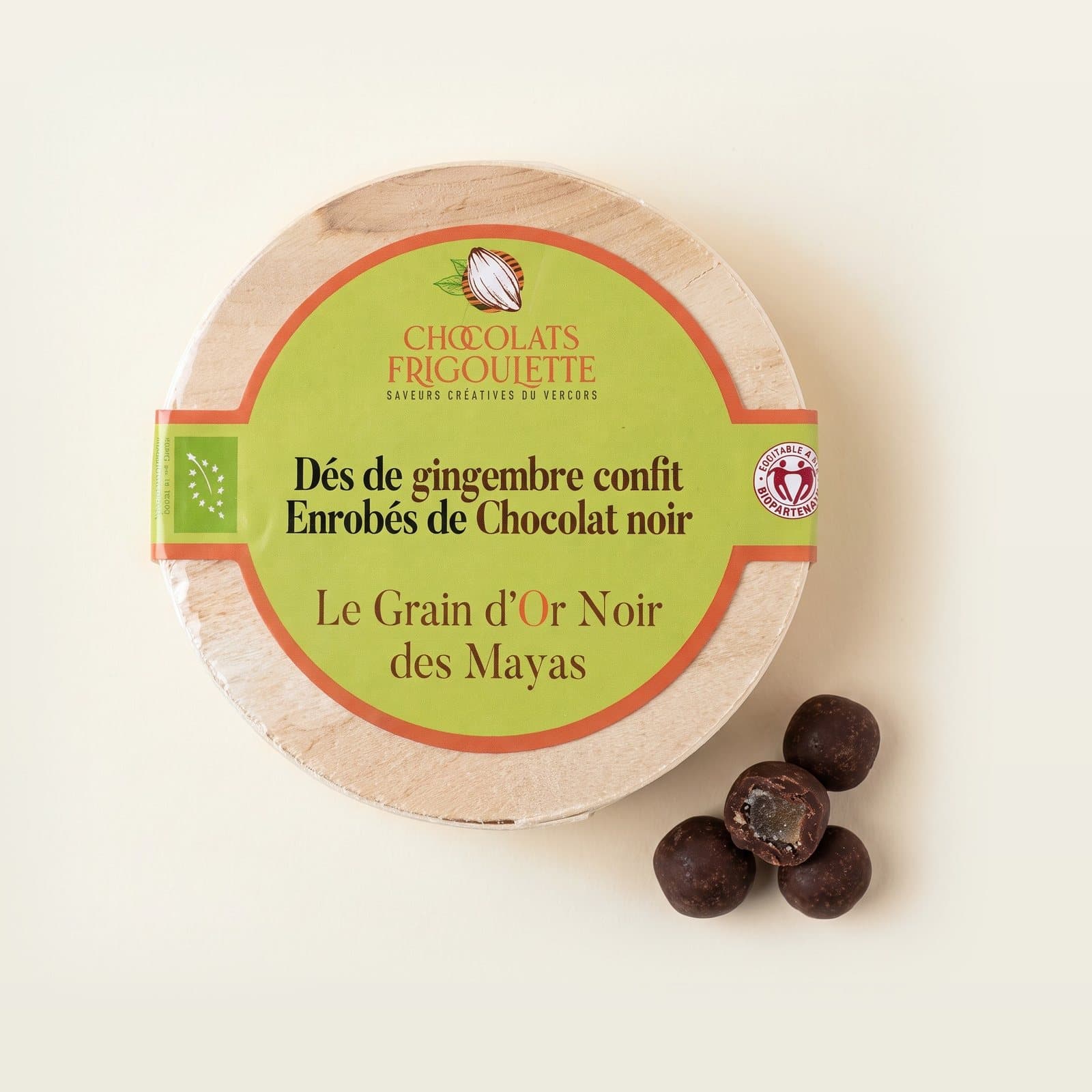 Chocolate-coated candied ginger cubes - Grain d’Or Noir des Mayas, Frigoulette chocolates