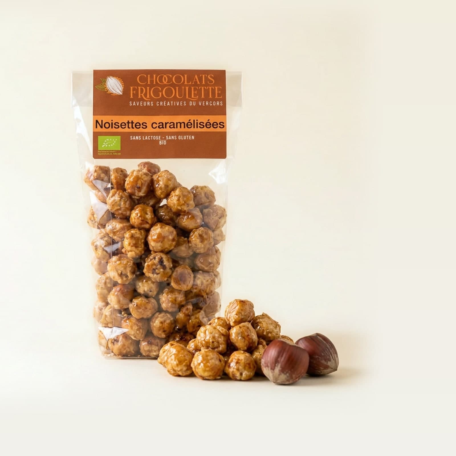 Noisettes caramélisées, chocolats Frigoulette