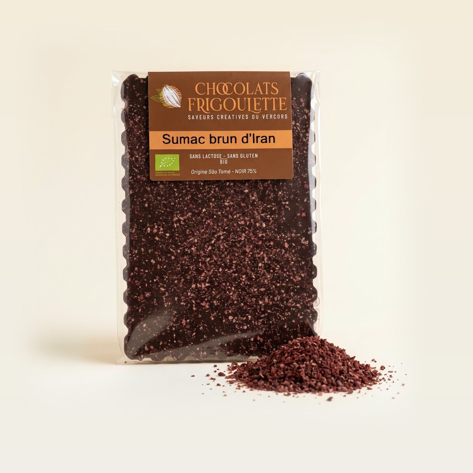 Tablette de chocolat noir au Sumac brun d’Iran, chocolats Frigoulette