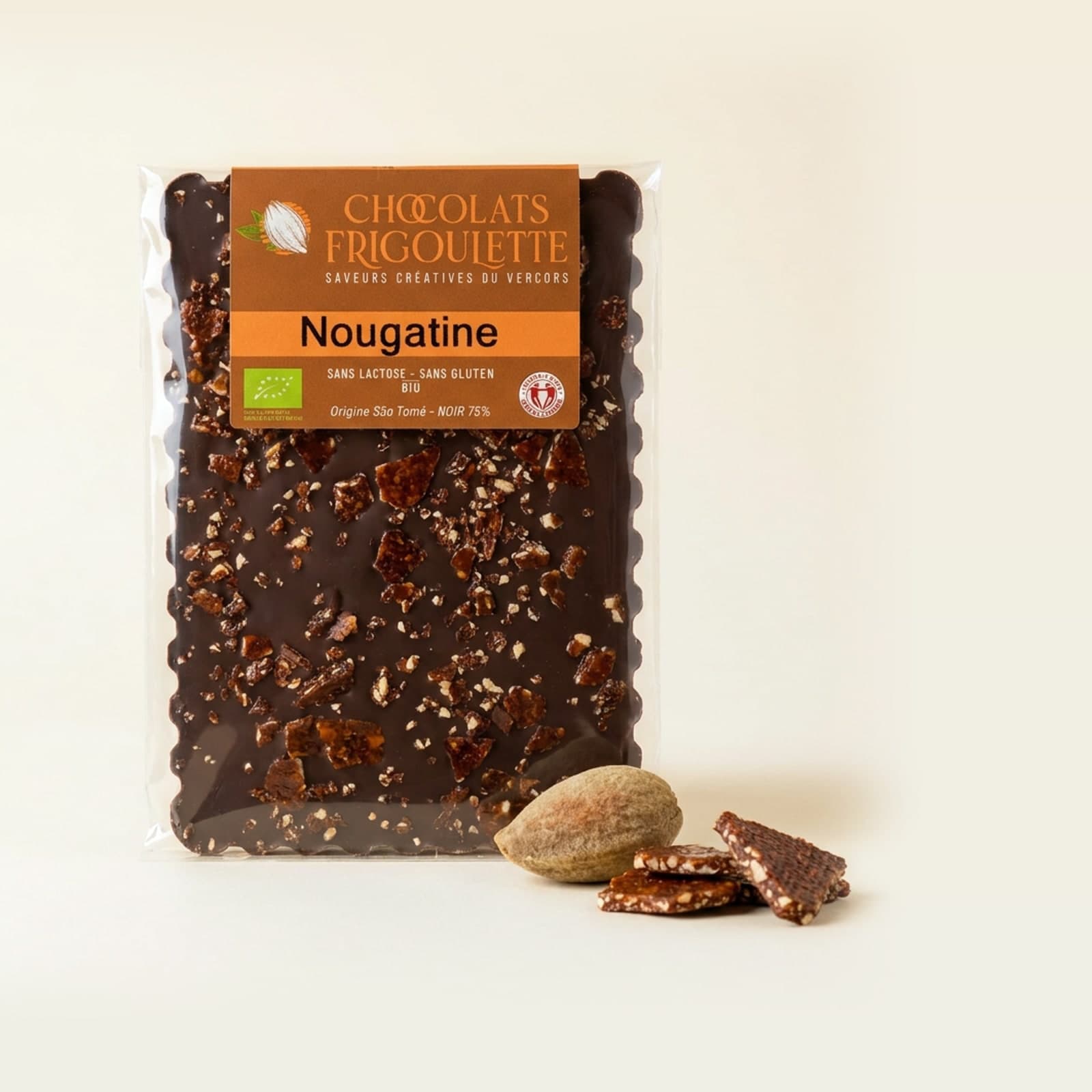 Tablette de chocolat noir Nougatine, chocolats Frigoulette