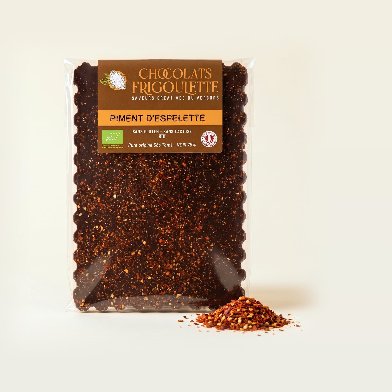 Tablette chocolat noir Piment d’Espelette, chocolats Frigoulette