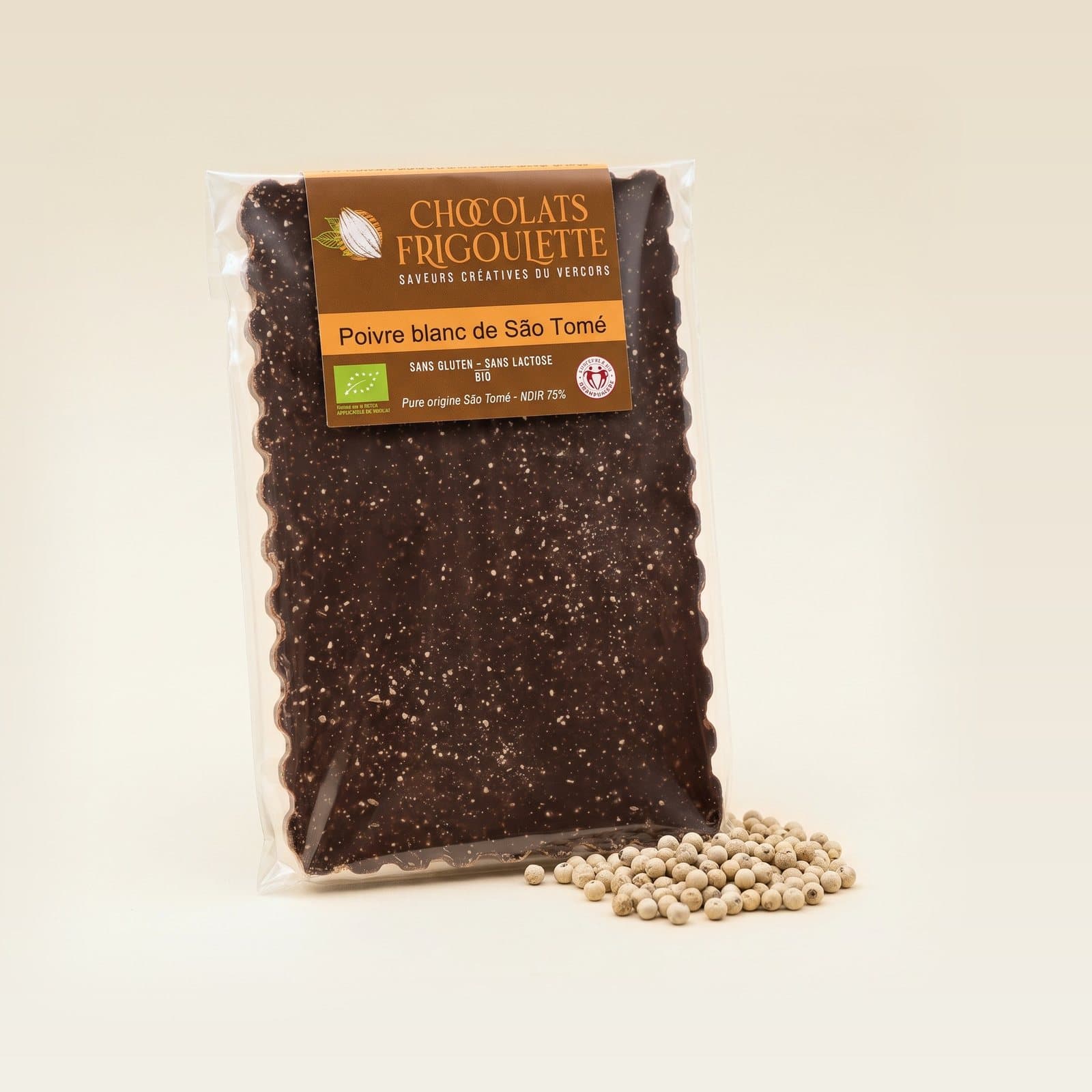 Tablette de chocolat noir Poivre blanc de São Tomé, chocolats Frigoulette