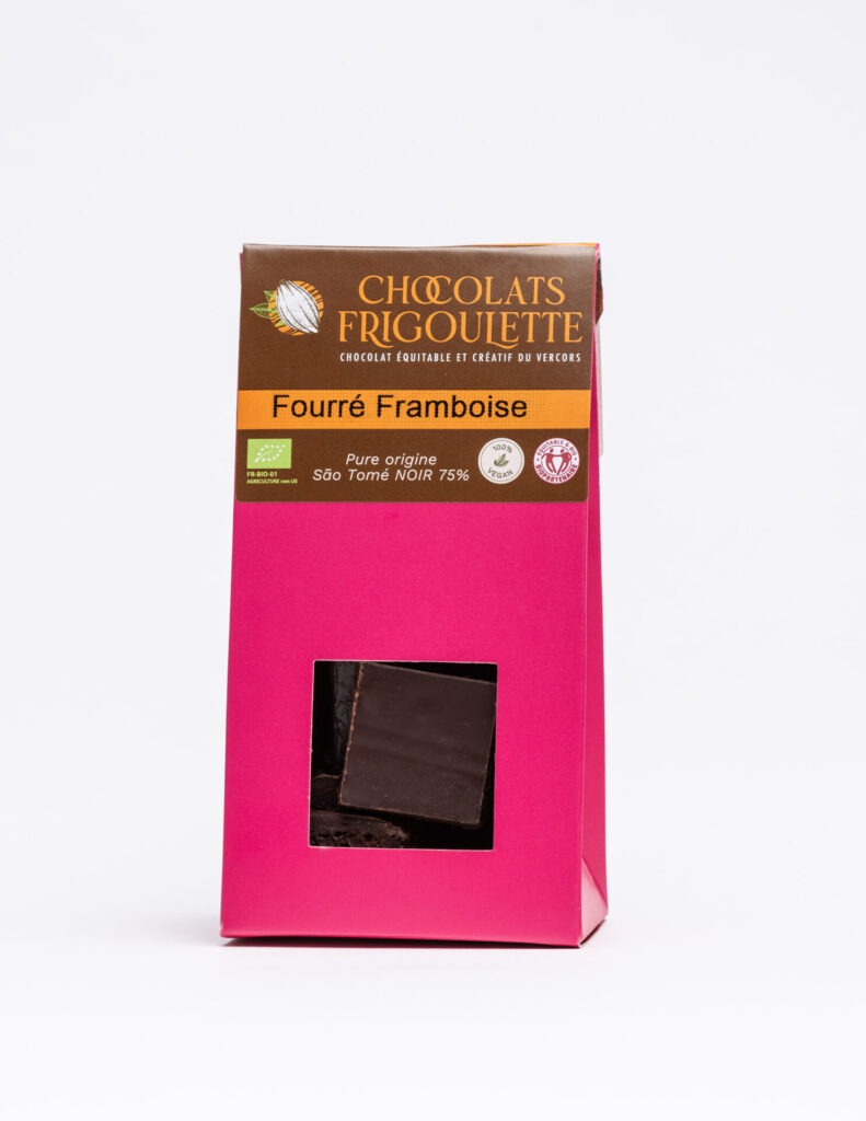 chocolatier Drôme, Chocolats Frigoulette, chocolaterie bio et equitable, achat en ligne Drôme, Chocolat fourrée framboise