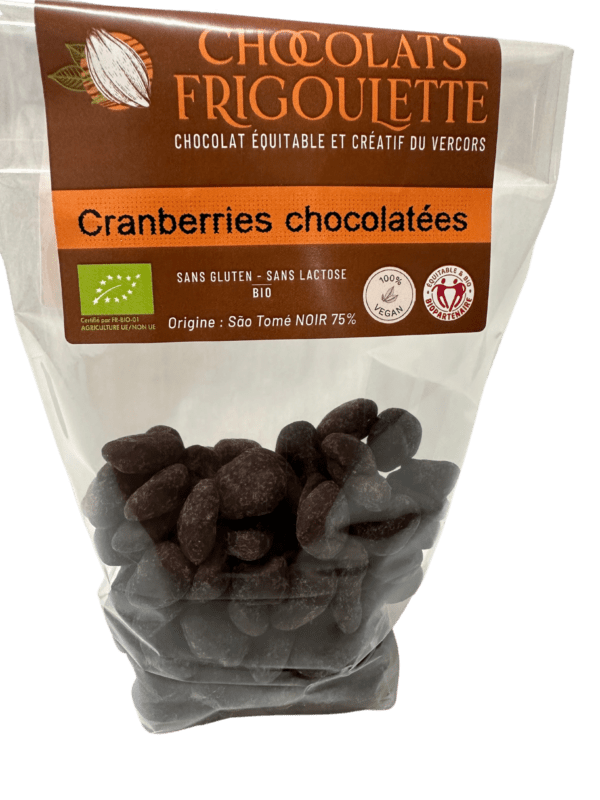 chocolatier Drôme, Chocolats Frigoulette, chocolaterie bio et equitable, achat en ligne Drôme, cranberries chocolatées