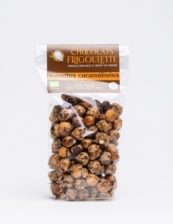 Noisettes caramélisées bio, Chocolats Frigoulette, achat en ligne, noisette et caramel